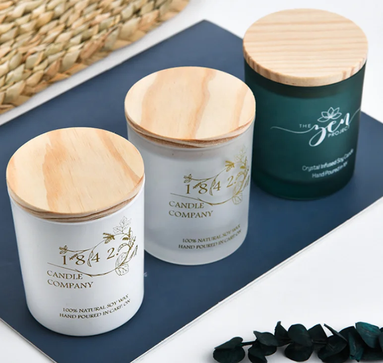 Wholesale Custom 3oz 6oz 8oz 10oz 12oz 14oz Frosted Clear Vessels Matte Gloss Glass Candle Jar With Wooden and Metal Lid