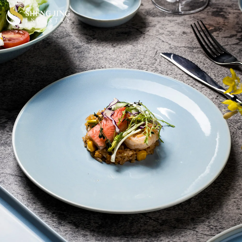 Light Raised Edge Vajilla Platos Blue Reactive Dinner Plate Side Prato Ceramic Dinnerware Flat Steak Dishes Coupe Round Plate