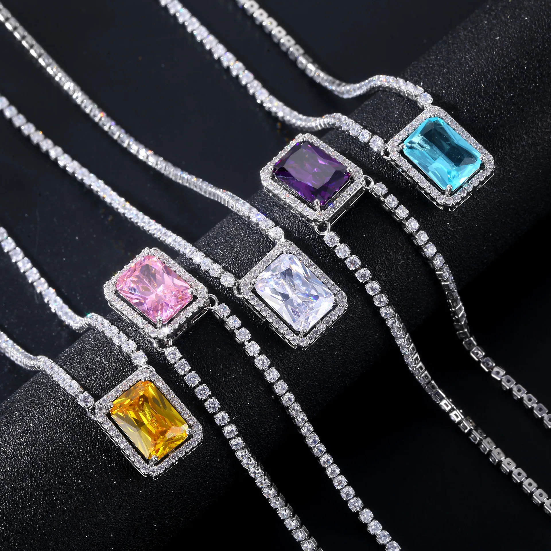 Japanese and Korean color zircon rhinestone pendant necklace square rhinestone necklace square zircon chunky necklace