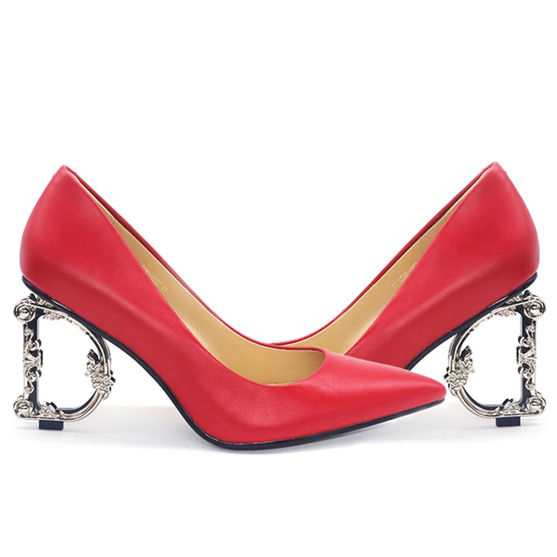 Женские туфли-лодочки на странном каблуке; Модные красные туфли-лодочки из натуральной кожи; Женская обувь; Модельные туфли на высоком каблуке для женщин и девушек