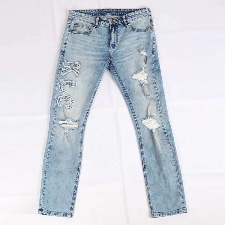 EDGE DENIM plus size distress letter patch embroidery vintage blue jeans men