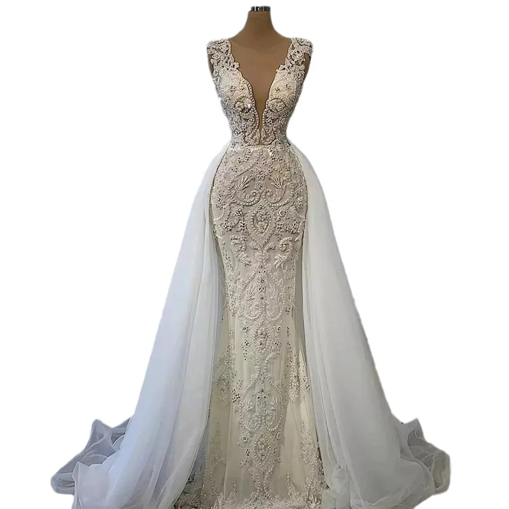 Luxury Beaded Bridal Deep V Elegant Graceful Sleeveless Detachable Skirt Wedding Dress Dual-Use
