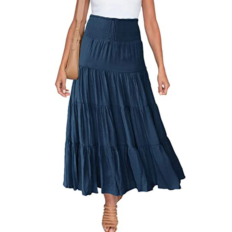 Custom Bohemian Women Summer Casual Elegant Plain A-line Tiered Maxi Skirt