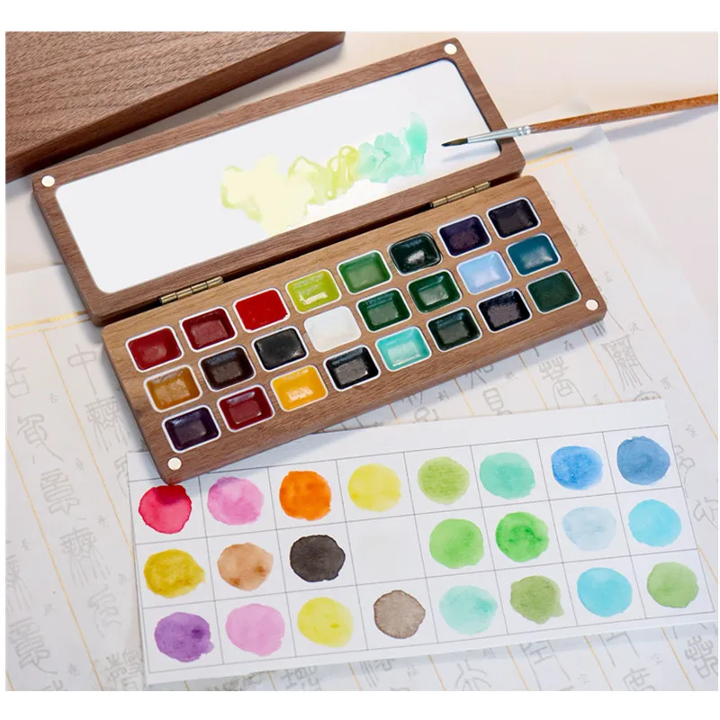 wooden box 24 glittery colors watercolor paint set pearl metallic watercolour for artist and student painting