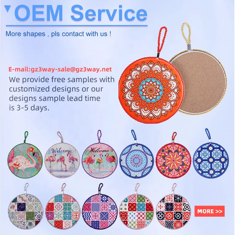 Mandala printing OEM custom round shape ceramic tile pot trivet mats with cork base heat resistant for kitchen table decoration