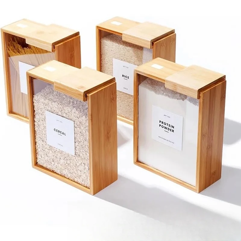 3L Bamboo Wood Box Countertop Storage Container with Clear Window Back Air Vent Boxes for Keeping Food Fresh in Home and Kitchen