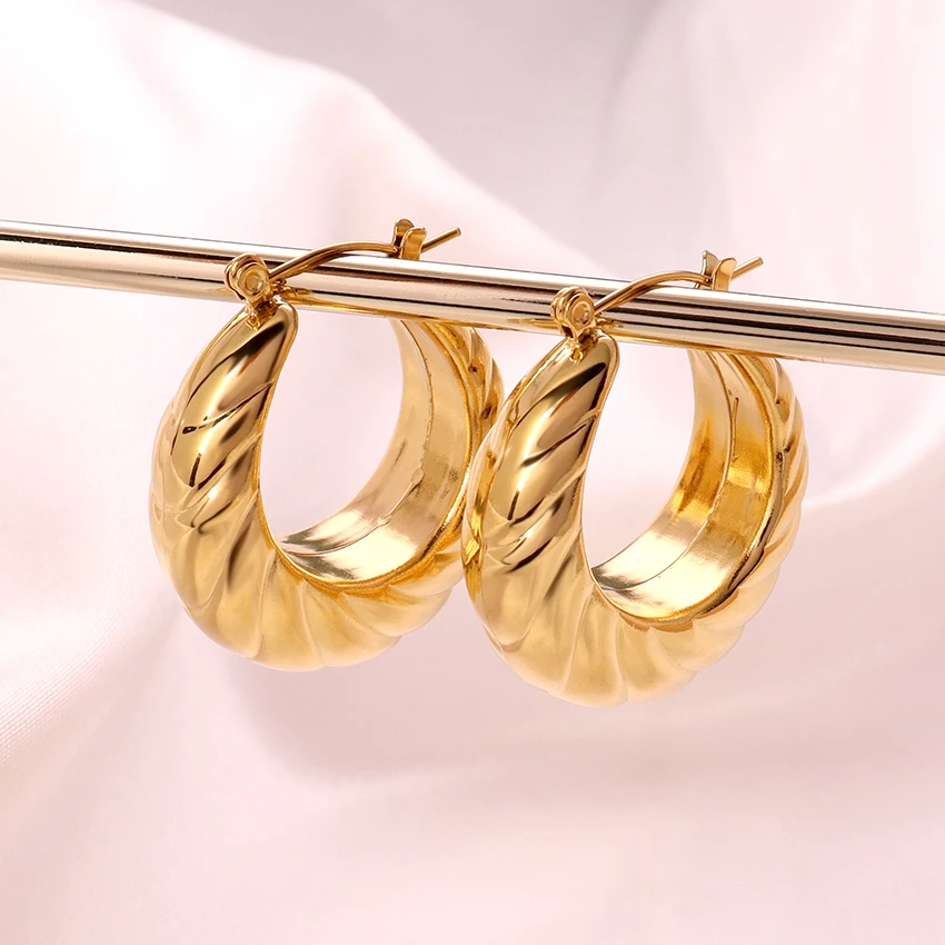 Minimalist Chunky Twist Hoop Earrings 18K Gold Plated Jewelry Stainless Steel Hypoallergenic Thick Oval Twisted Hoop Earrings