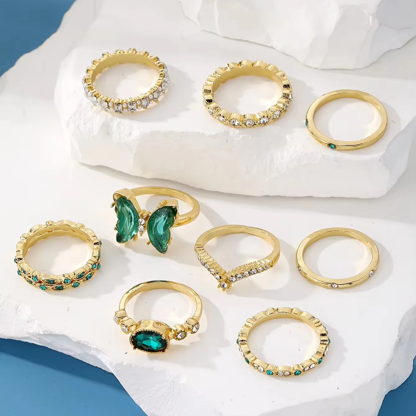 Wholesale New fashion green Stone butterfly snake Gold ring set for women Jewelry Heart Diamond Finger knuckle rings Set