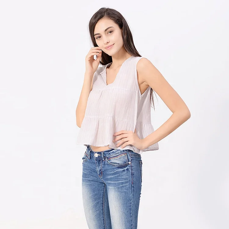 Оптовая продажа, повседневные сексуальные женские топы и блузки без рукавов с оборками и глубоким v-образным вырезом, дизайн рубашки