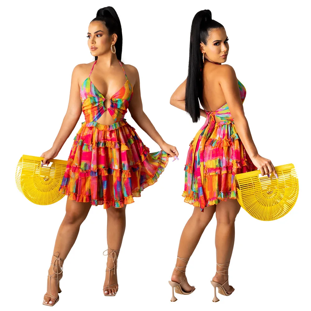 Новинка 2021 милое пикантное Черное мини-платье с лямкой на шее шелковое ажурное расклешенной юбкой вечерняя одежда женское Цветочное