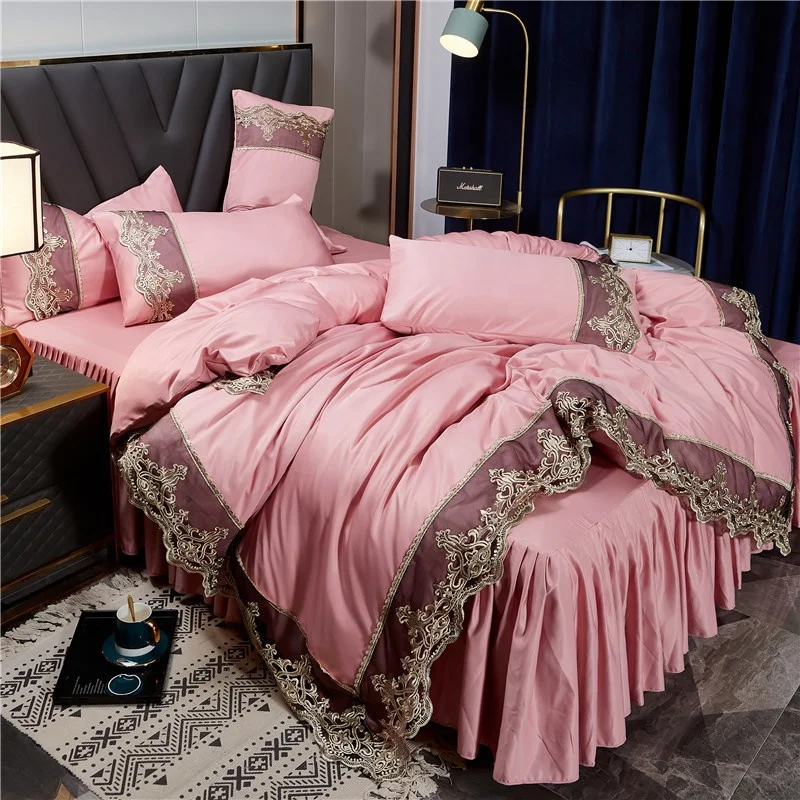 Washed silk four piece bed skirt Heavenly Moselle lace lace four piece bed sheet and duvet cover