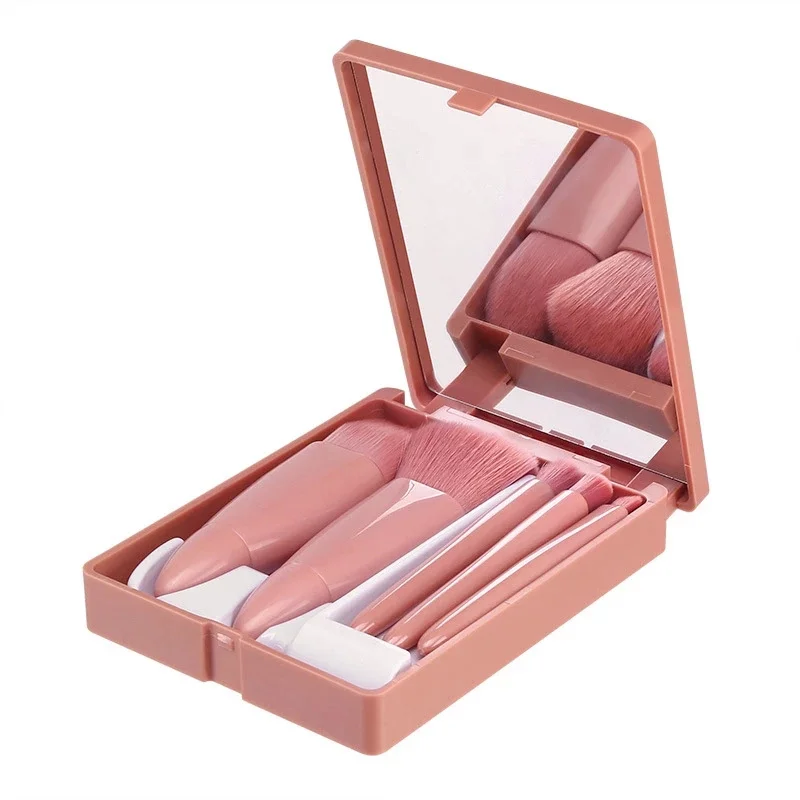 Makeup Brushes Set Portable 5pcs Multi-function Cosmetic Brushes Kit Powder Blush Foundation Eye Shadow Brush with Mirror Case