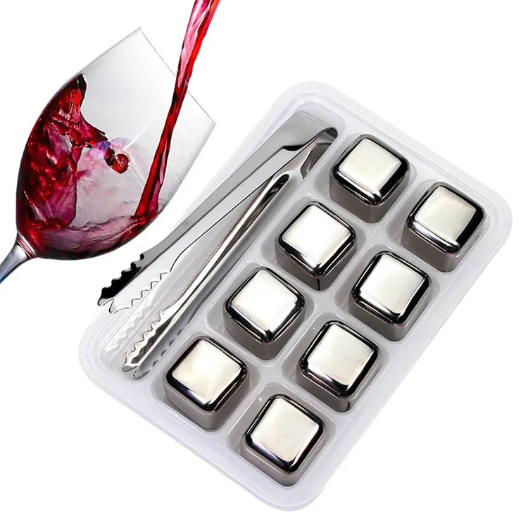 8pcs/set 304 Stainless Steel Ice Cubes with Clip Metal Quick-Frozen Tartar Ice Granules Wine Beer Cooler Chiller Ice Cubes