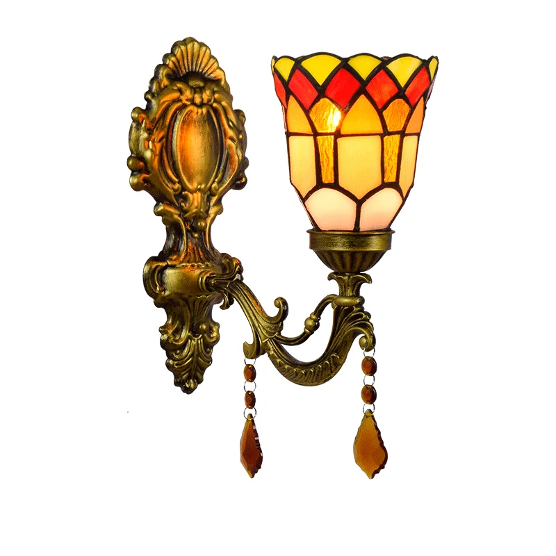Tiffany Single Head Pastoral Wall Lamp for Corridor Bedroom Bedside Wall Sconces with Stained Glass Balcony Hallway Lighting