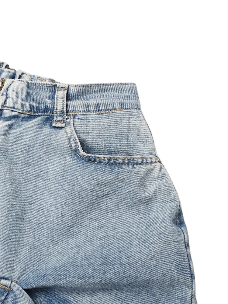 TWOTWINSTYLE Irregular Hollow Out Denim Jeans High Waist Patchwork Zipper Casual Pant For Women