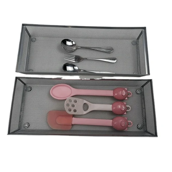 2 Pack Kitchen Drawer Utensil Cutlery Tray with Inner Arm Mesh Metal Flatware Storage Slip-proof for Knives, Stackable Basket