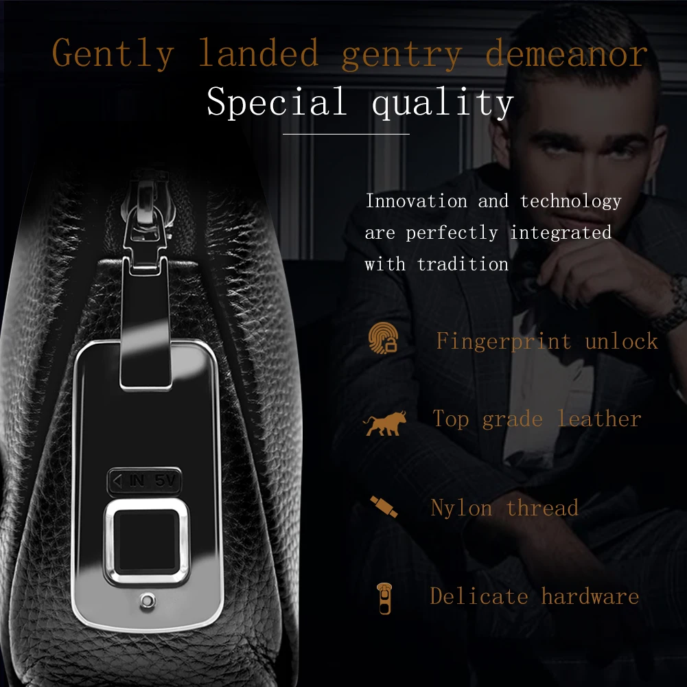 Fingerprint Lock Executive Business Handbag Men Genuine Leather Clutch Bag