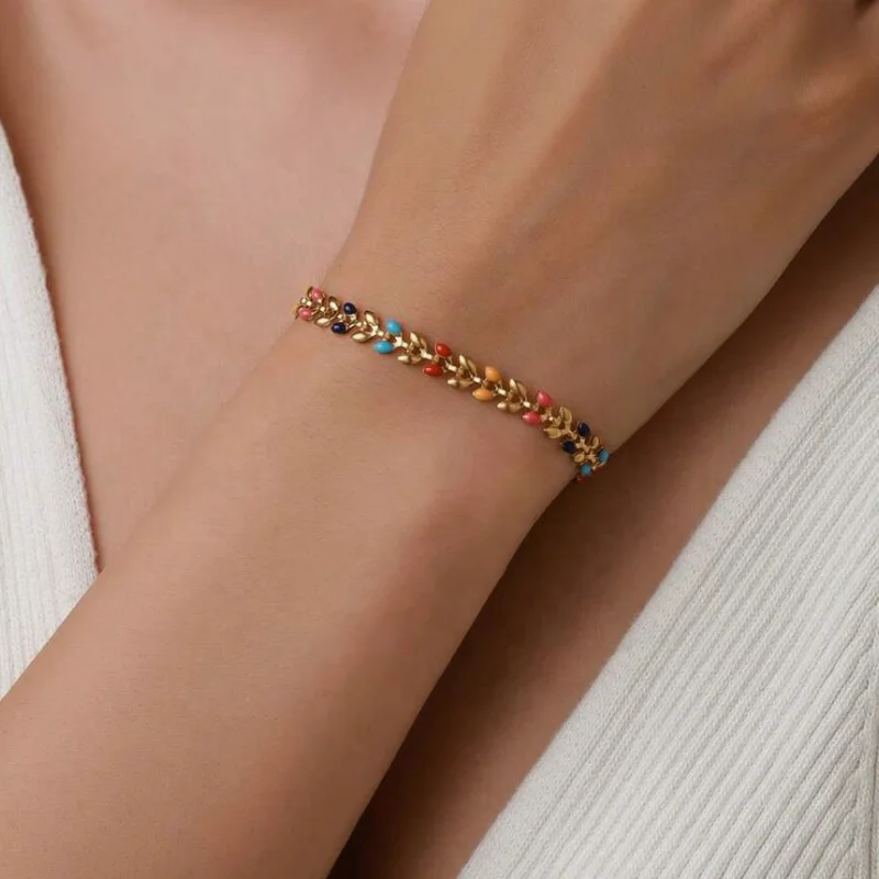 Tarnish Nickel-Free 18k Gold Fashion Jewelry Bracelet Stainless Steel Dainty Leaf Oil Drop Chain Bracelet For Women Daily Wear