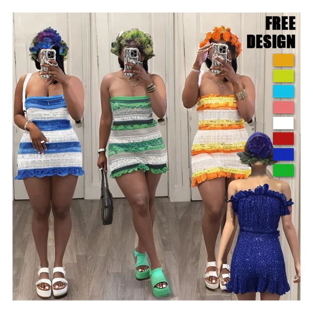 HLN Knitted 2 Piece Sets Women Hats Add Mini Skirts Fashion Casual Strapless Dress Matching Suits