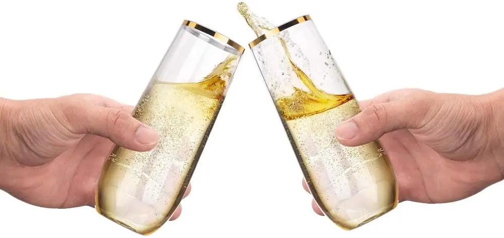 9 Oz Gold Rim Stemless Plastic Champagne Flutes Clear Unbreakable Toasting Wedding Wine Glassware, Shatterproof Disposable cup