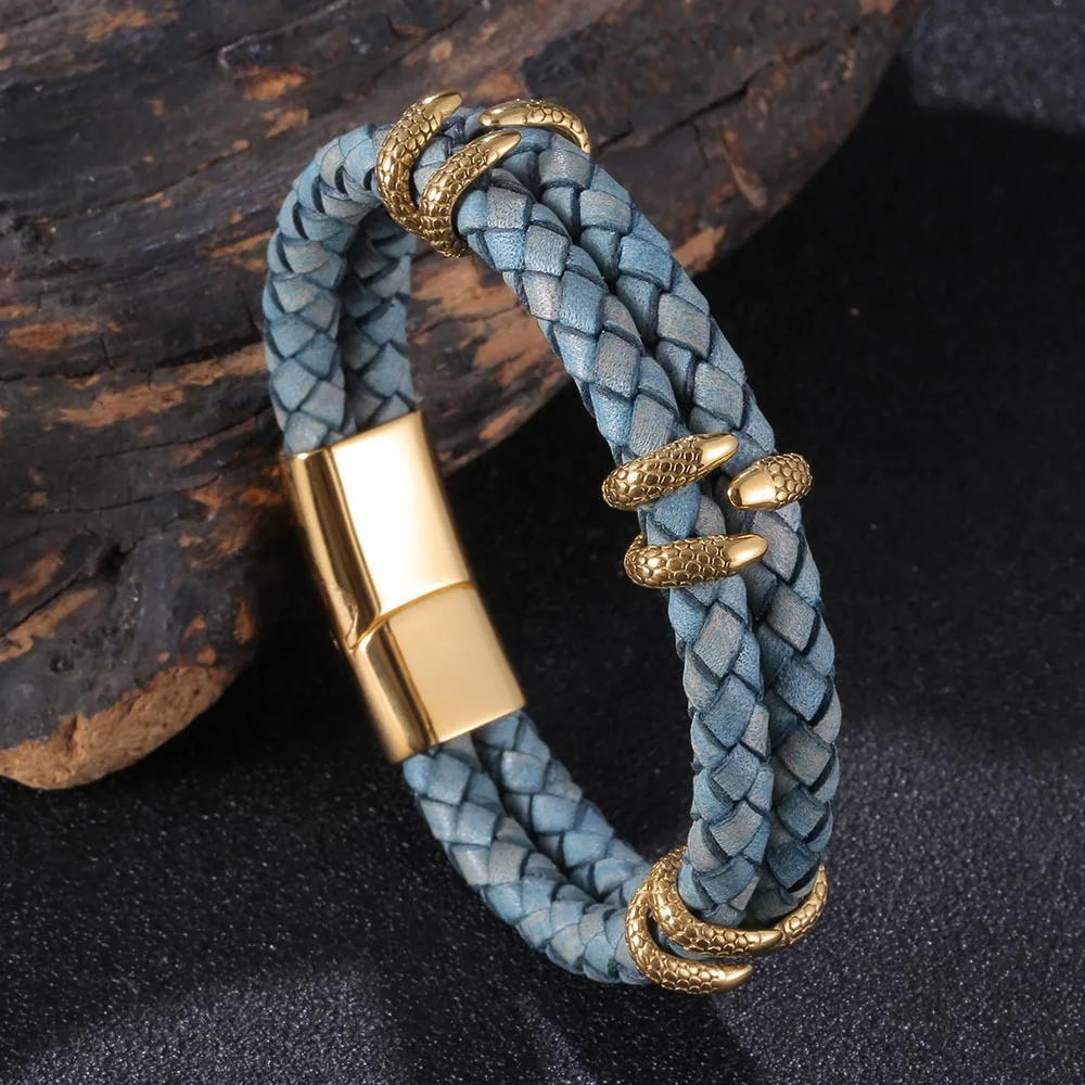 Stylish Jewelry Stainless Steel Magnetic Gold Clasp Eagle Claw Charm Genuine Leather Bracelet For Men Gift Wholesale Customize