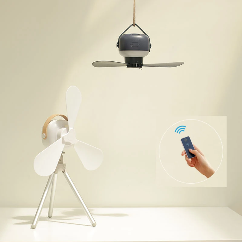 Brown White Color Portable Mini Outdoor With Tripod LED Light Rechargeable Remote Control USB Ceiling Fan Camping Hanging Fan