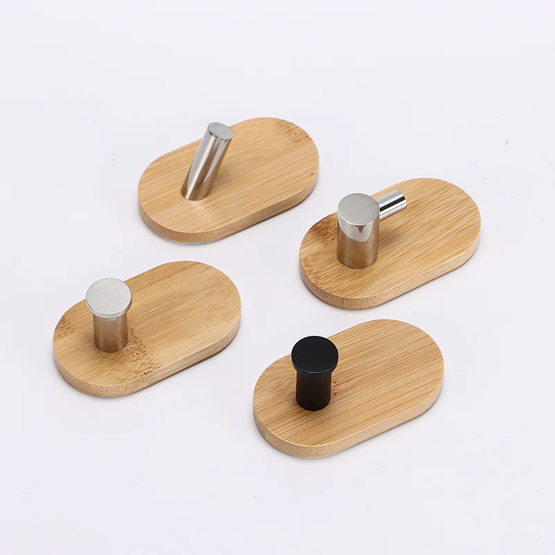2024 Popular Customized Stainless Steel Bamboo Self Adhesive Hooks No Drilling Wall Hooks Shelf Wall Hangers  Clothes Hook