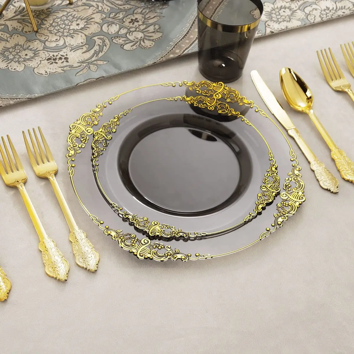 Tabletex Gold Rim Clear Superior Quality Disposable Plastic Square Dinnerware Sets