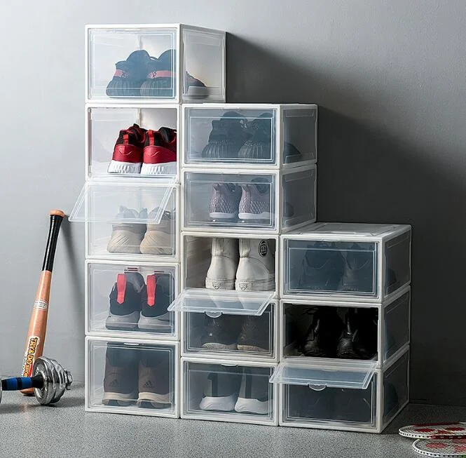 New design practical durable dy197 plastic shoe box with clear drop front door