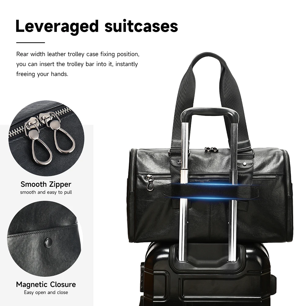 MARRANT Men Leather Duffle Bag Large Capacity Waterproof Sports Gym Travel Duffel Bag Genuine Leather Men Travel Bag