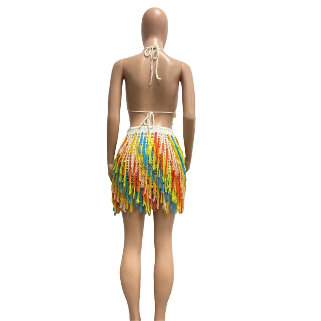 ZHEZHE Crochet Knitted Tassel Set Women 2 Piece Set Beachwear Lace-up Backless Crop Top and Mini Skirt Sets