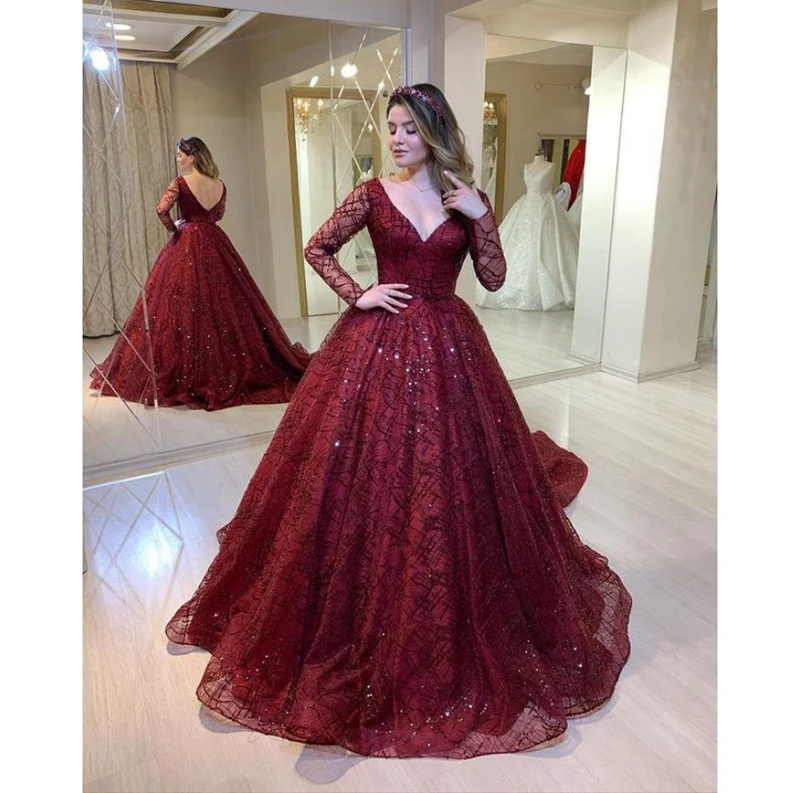 Elegant Wedding Dress Long Sleeve Deep V Neck Sheer Back Tulle Sequin Dress Party Evening