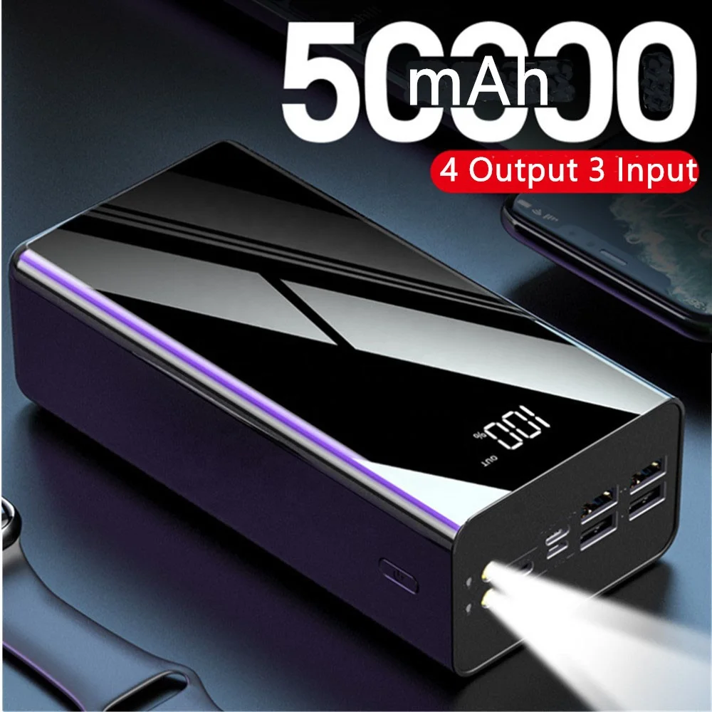 50000 mAh Зеркало Дополнительный внешний аккумулятор большой емкости Быстрая зарядка мАч Power Bank 4 USB выход 3 входными портами Android
