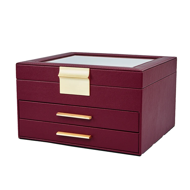 Luxury pu leather compartment jewelry box with glass lid and two drawers jewellery storage case