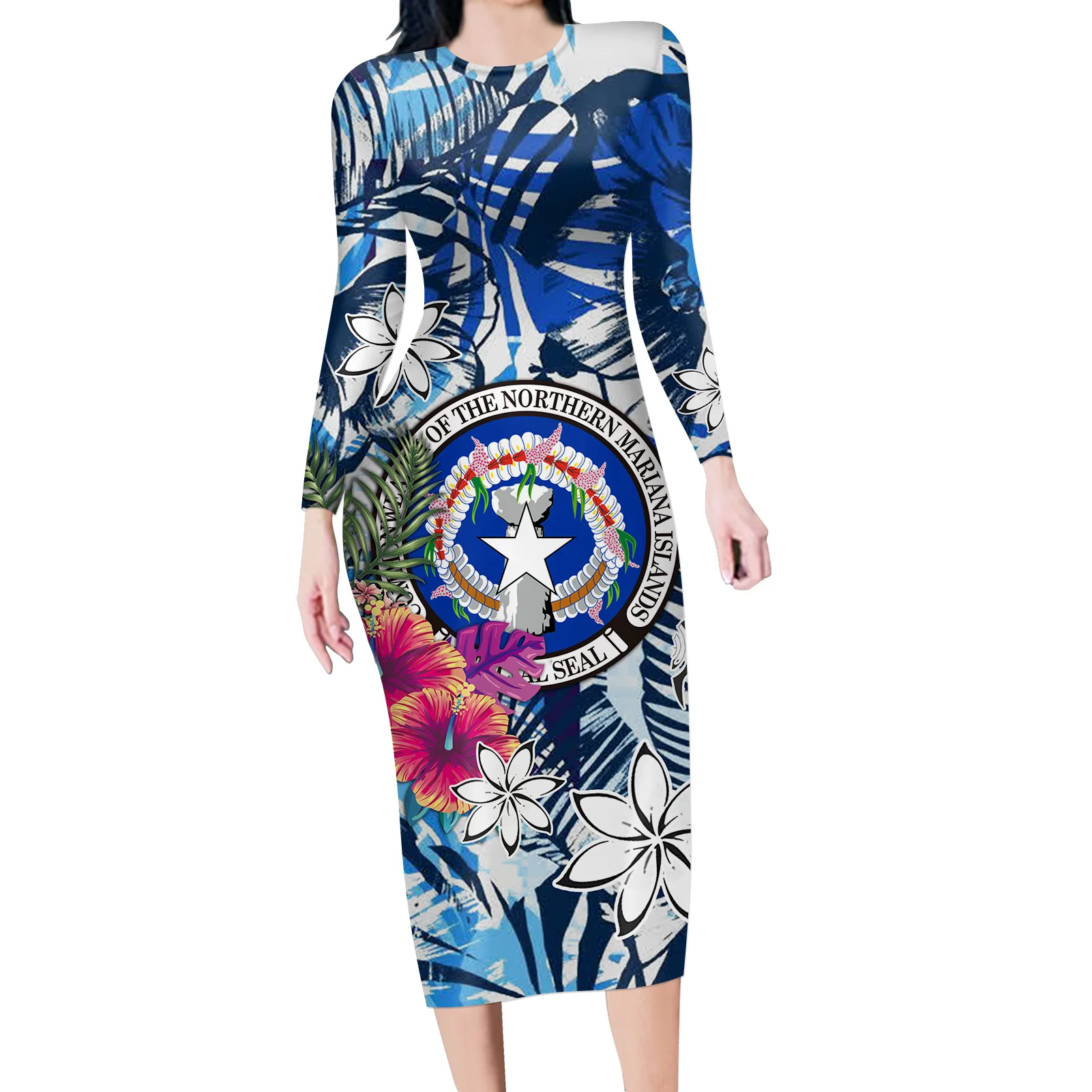 Polynesian Pattern Custom Logo Dress Northern Mariana Island Style Maxi Dress Long Sleeve Trendy Woman Dresses New Arrivals 2020