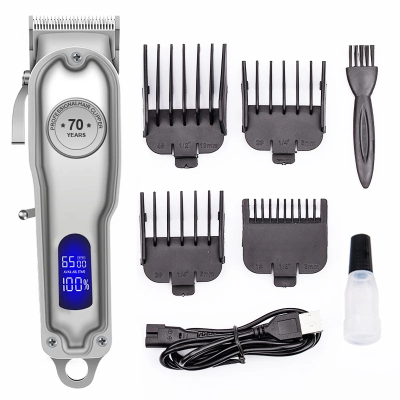 Electric Cordless All-Metal Barber Professional Hair Clippers LED Hair Trimmer Silver Hair Cutting Machine
