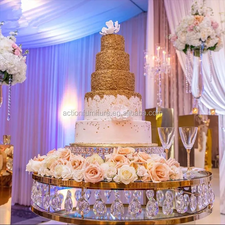 Round Crystal Glass Carved Golden Wedding Table Cake Table Flower Stand For Hotel Wedding Party