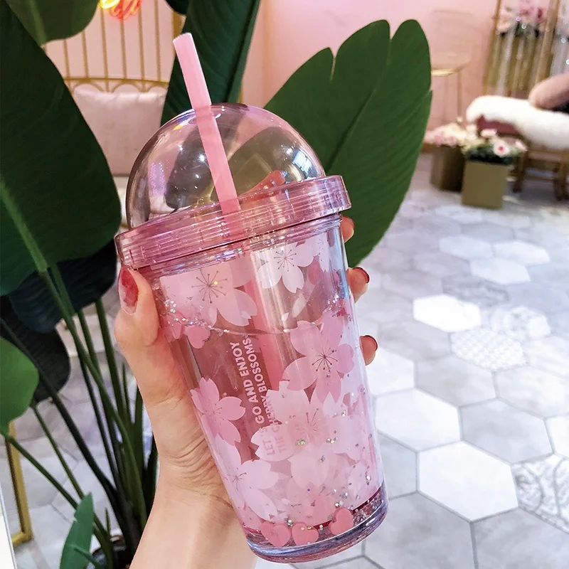 
Girlwill Sakura Double Wall Plastic Cup With Water Inside Dome Lids Tumbler With Straw Drink Mugs Custom Logo Supports OEM/ODM 