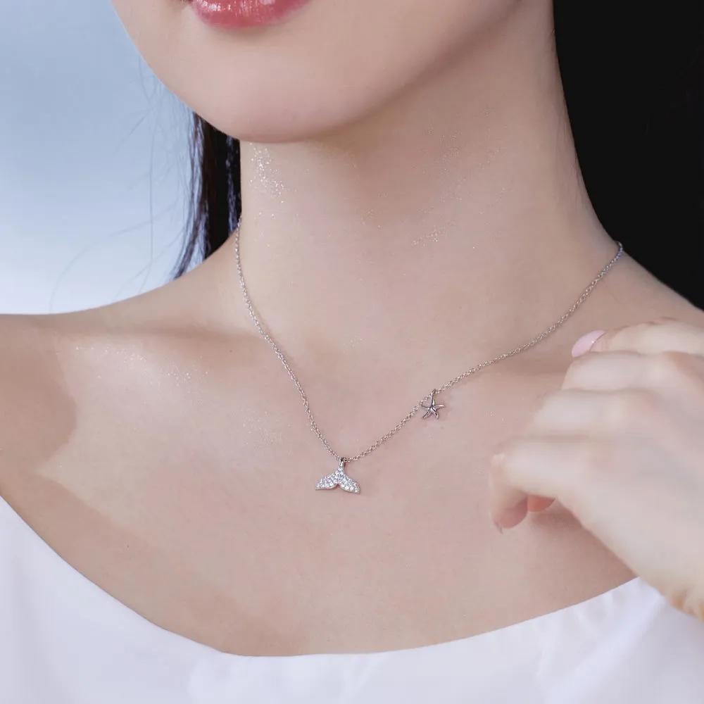 ACME S925 Silver Star Micro Paved Zircon Chain Gold Plated Mermaid Fish Whale Tail Charm Dolphin Necklace Sparkling  Pendant