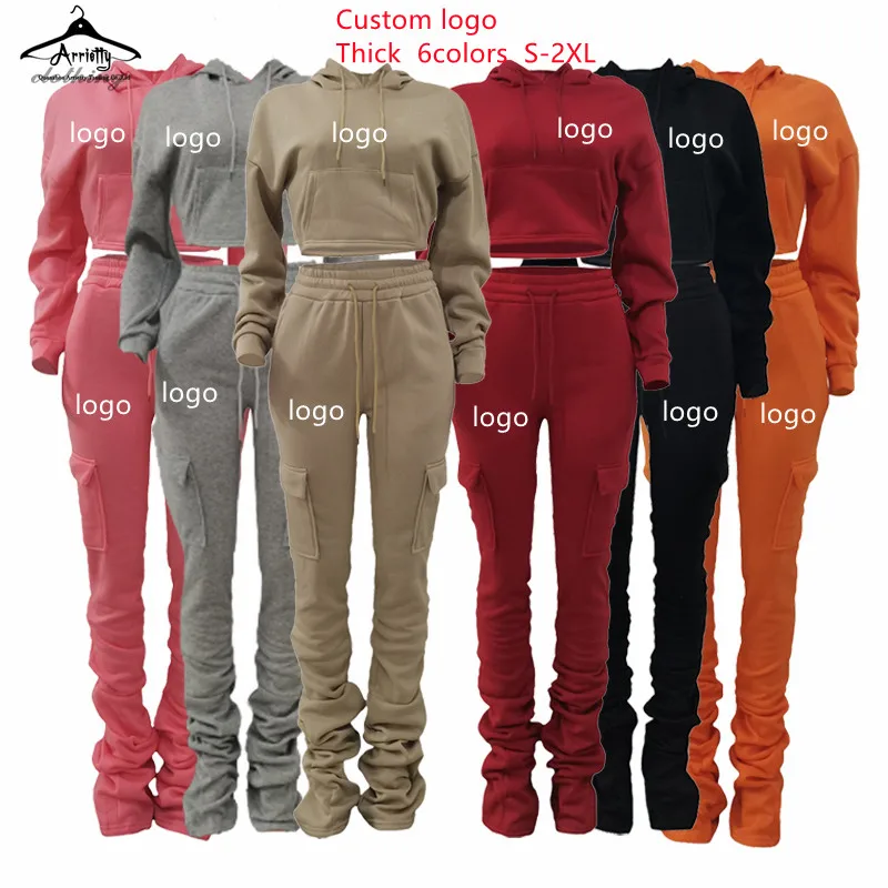 Custom Logo Side Pockets Cargo Pants Set Woman Casual Fleece Thick Crop Hoodie Joggers Stacked Sweatpants Two Piece Outfits Set