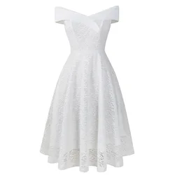 Magicmk Vintage Elegant White Floral Lace Women Midi Dress Evening Party Robe Ladies Dresses A Line Bow Dress