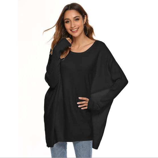 
trendy batwing sleeves women knit oversized pure color Spring Irregular Girl Knitting Cape Loose sweater 