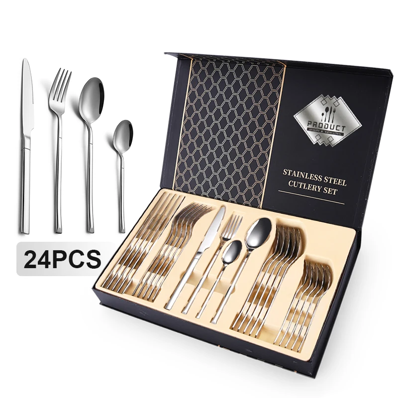Manufacturer Wholesale Stainless Steel 24pcs flatware Portable  Wedding Gold Cutlery Set
