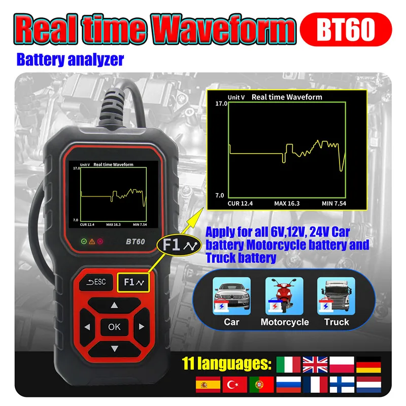 Acclope Car/Motorcycle/Truck Check Tool BT60 Battery Tester 6V-12V-24V SOH Plug And Play 11 Kinds Language SOC