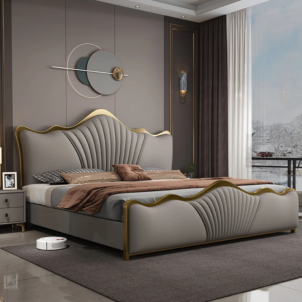 Italian Light Luxury Queen King Size Leather Bed Modern Soft Bag Double Bed Bedroom Furniture Up-holstered Bed Frame
