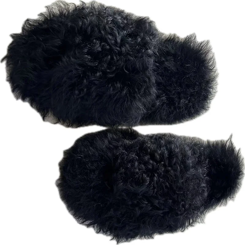 Open toes real fur slippers with Curly hair fur slippers lamb fur shoes wholesale price