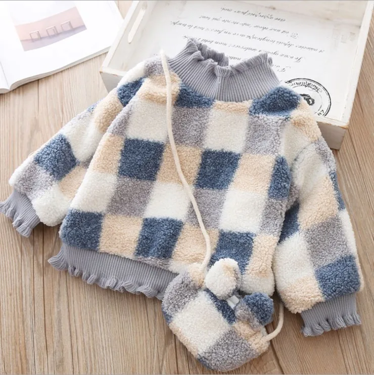 
Girls O-neck knitted sweater pullover children block batwing sleeve sweater+bag 