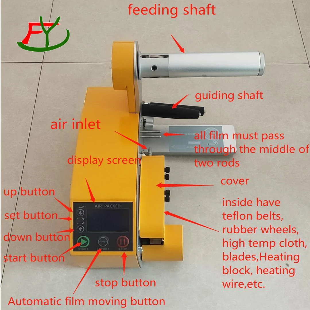Desktop air pillow making machine works by using a roll of film that is fed