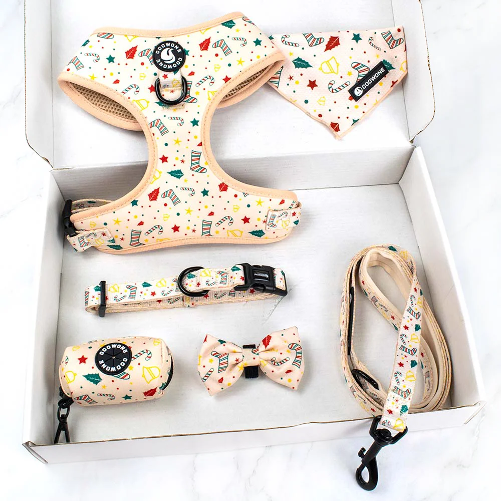 Ready to Ship Dog Harness Manufacture Soft Mesh Padded Dog Harness Bandana Bowknot Poop Bag Collar And Leash Set