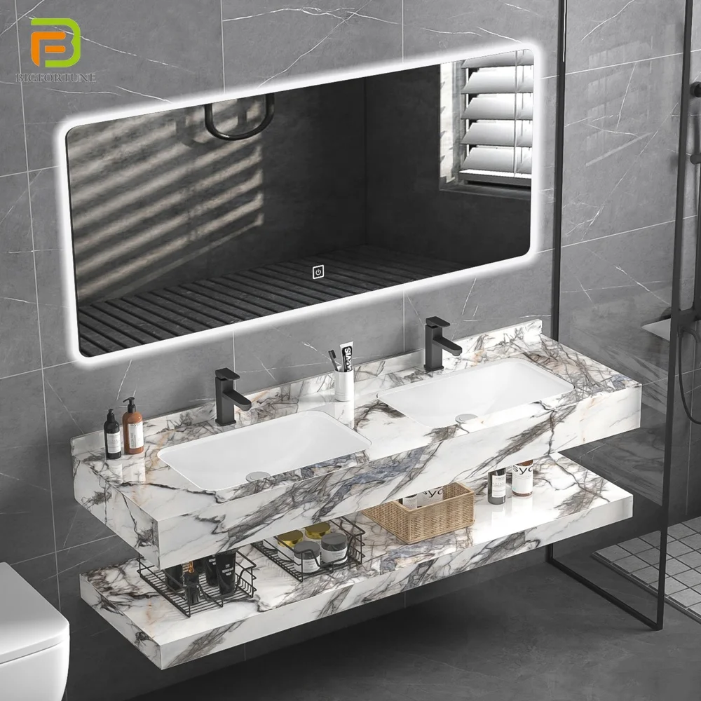 Customized double integrated sink bathroom vanity cabinet set with marble counter top basin